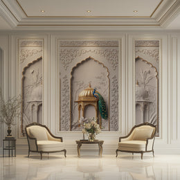 Premium 3D Royal Peacock and Golden Jharokha Arch Wallpaper for Traditional Indian Living Room Decor
