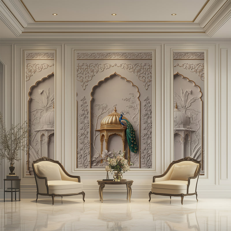 Premium 3D Royal Peacock and Golden Jharokha Arch Wallpaper for Traditional Indian Living Room Decor