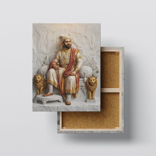 Seated on Sinhasan with Two Lions and Royal Court Scene: Chhatrapati Shivaji Maharaj 3D Gold Foil Premium Canvas Frame