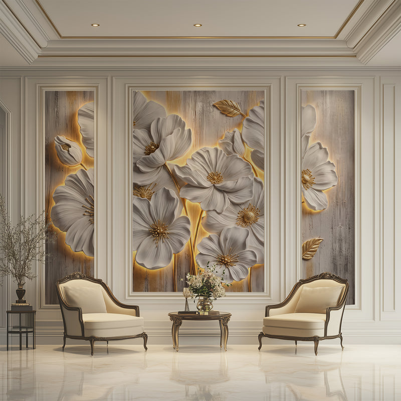 Luxury 3D Embossed Oversized White Floral Wallpaper with Gold Leaf Accents and Glowing Backlight Effect for Elegant Living Room Decor