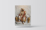 Seated on Sinhasan with Two Lions and Royal Court Scene: Chhatrapati Shivaji Maharaj 3D Gold Foil Premium Canvas Frame