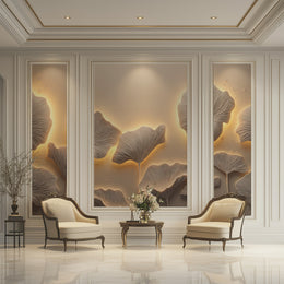 Luxury 3D Embossed Ginkgo Leaf Wallpaper with Warm Backlit Glow Illusion for Elegant Living Room and Bedroom Decor