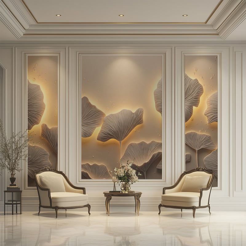 Luxury 3D Embossed Ginkgo Leaf Wallpaper with Warm Backlit Glow Illusion for Elegant Living Room and Bedroom Decor
