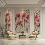 Elegant 3D Relief Pink Tulip Floral Wallpaper with Sculpted White Botanical Background for Luxury Living Room and Bedroom Decor