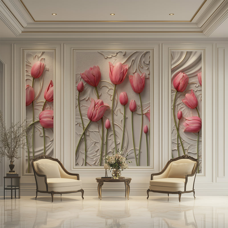 Elegant 3D Relief Pink Tulip Floral Wallpaper with Sculpted White Botanical Background for Luxury Living Room and Bedroom Decor