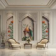 Premium 3D Royal Peacock and Golden Jharokha Archway Wallpaper with Floral Motif for Living Room Decor