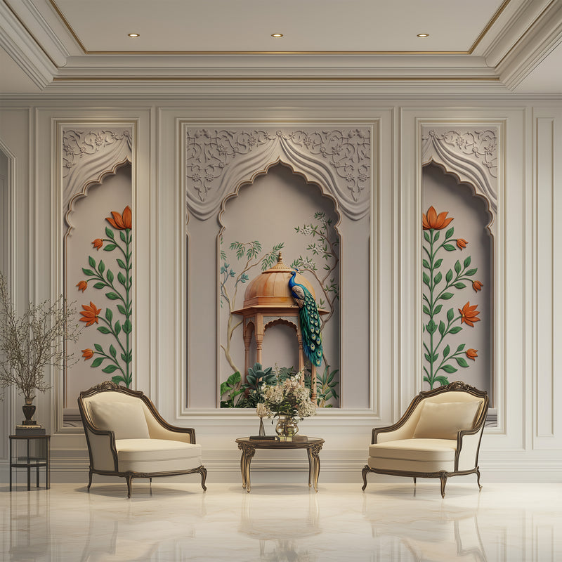 Premium 3D Royal Peacock and Golden Jharokha Archway Wallpaper with Floral Motif for Living Room Decor