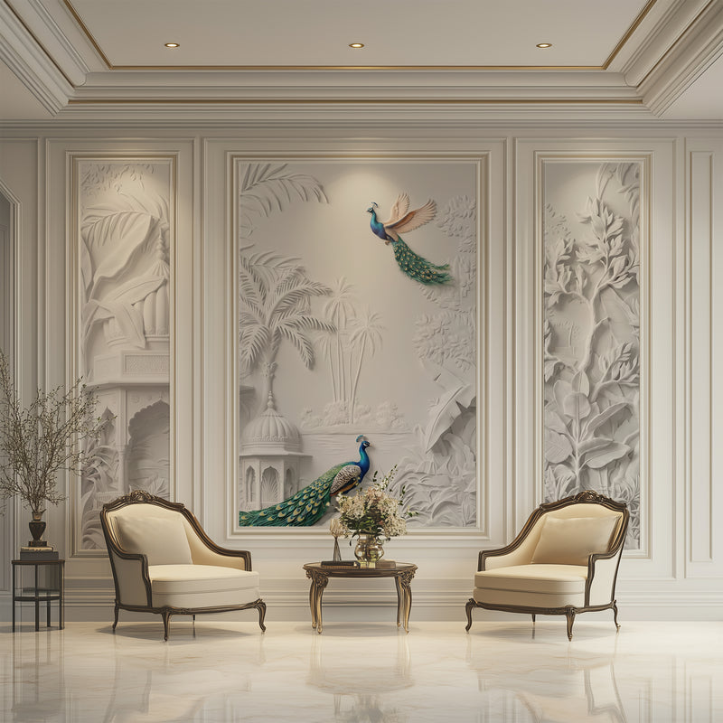 Premium 3D Embossed White Relief Tropical Palace and Flying Peacocks Wallpaper for Luxury Indian Living Room and Elegant Vastu Home Decor
