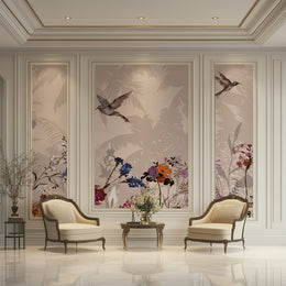 Vintage Tropical Pastel Palm Silhouette and Vibrant Wildflower Wallpaper Featuring Flying Birds for Elegant Living Room and Bedroom Decor