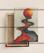 Abstract art piece with a red circle and wavy lines inside an open wooden box on a beige background.