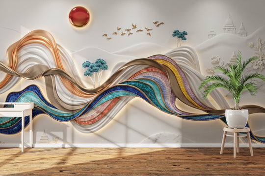 Abstract 3D Wallpaper for Living Room & Bedroom – Luxury Multicolour Wavy Wall Design with Mosaic Tiles, Metallic Gold Curves, White Marble Texture & Sunset Accent | Arihant Arts
