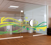 Dynamic Green and Yellow Abstract Wave Window Film | Self-Adhesive Frosted Privacy Glass Film | Peel and Stick Flowing Ribbon Partition