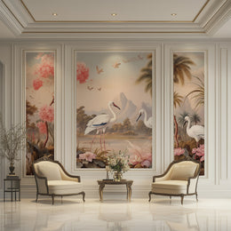 Vintage Chinoiserie Pastel Crane and Pink Blossom Tropical Landscape Wallpaper for Elegant Living Room and Bedroom Decor | 3-Piece Wallpaper