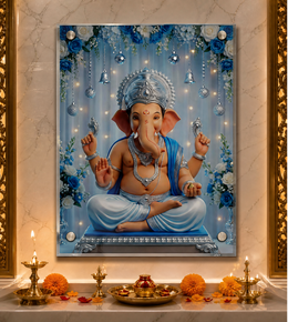 Lord Ganesha: Serene Blue Vighnaharta Heritage Portrait | Premium Acrylic Wall Art