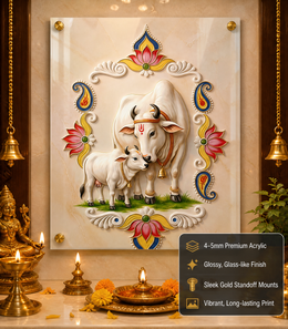 Sacred Kamdhenu Gomata Cow & Vasaru: Divine Prosperity Vastu Portrait | Premium Acrylic Wall Art