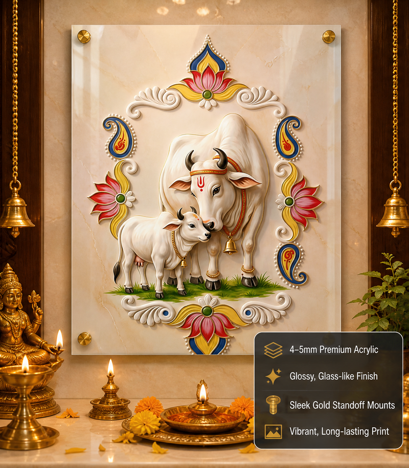 Sacred Kamdhenu Gomata Cow & Vasaru: Divine Prosperity Vastu Portrait | Premium Acrylic Wall Art