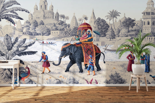 Royal Indian Heritage Wallpaper for Living Room – Premium 3D Traditional Elephant Procession with Royal Family, Palace Architecture, Riverside Scenery & Vintage Indian Art | Arihant Arts