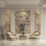 Premium 3D Divine Krishna Lifting Govardhan Hill Wallpaper with Golden Mandala and Flute for Luxury Pooja Room Decor | 3-Piece Wallpaper