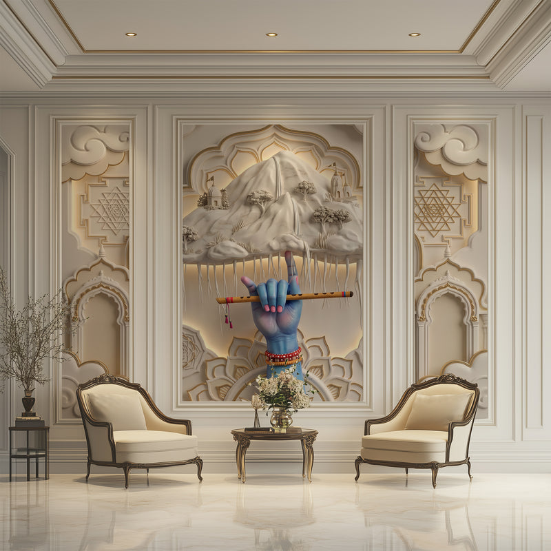 Premium 3D Divine Krishna Lifting Govardhan Hill Wallpaper with Golden Mandala and Flute for Luxury Pooja Room Decor | 3-Piece Wallpaper