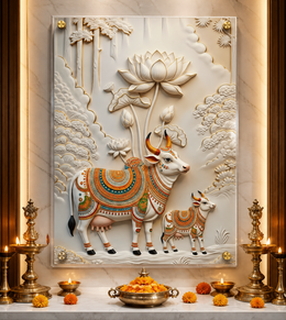 Kamdhenu Gomata & Vasaru with Lotus | Vastu Samruddhi Portrait – Premium Acrylic Wall Art