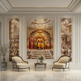 Premium 3D Chhatrapati Shivaji Maharaj Rajyabhishek Royal Court Wallpaper for Traditional Indian Living Room and Office Decor | 3-Piece Wallpaper
