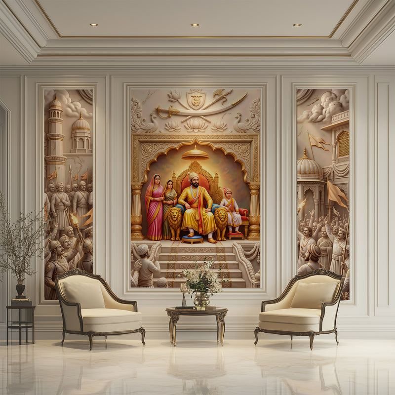 Premium 3D Chhatrapati Shivaji Maharaj Rajyabhishek Royal Court Wallpaper for Traditional Indian Living Room and Office Decor | 3-Piece Wallpaper
