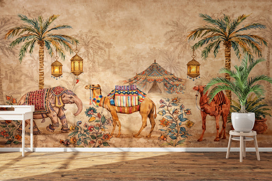Rajasthani Camel & Elephant Wallpaper for Living Room – Premium 3D Traditional Indian Desert Art with Decorated Animals, Colourful Tribal Textiles, Lanterns & Vintage Beige Background | Arihant Arts
