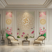 Premium Golden Om Mandala and Pink Lotus Spiritual Wallpaper for Vastu Pooja Room and Serene Living Space Decor | 3-Piece Wallpaper