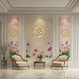 Premium Golden Om Mandala and Pink Lotus Spiritual Wallpaper for Vastu Pooja Room and Serene Living Space Decor | 3-Piece Wallpaper