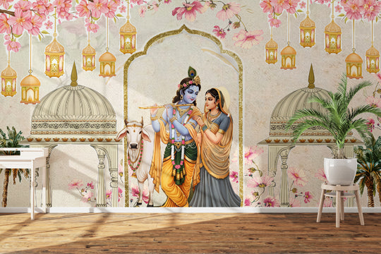 Radha Krishna Wallpaper for Living Room & Pooja Room – Premium 3D Lord Krishna Playing Flute with Radha Rani, Sacred White Cow, Pink Floral Decorations & Golden Temple Arch | Arihant Arts