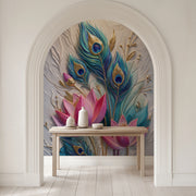 Royal Peacock Feather & Pink Lotus Wallpaper – Luxury 3D Embossed Botanical Art with Teal Blue Feathers, Golden Accents & Elegant Floral Relief | Arihant Arts