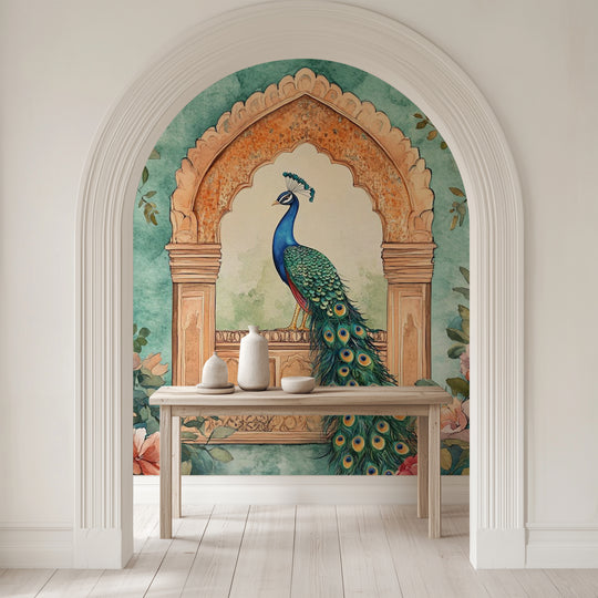 Royal Peacock Heritage Arch Wallpaper – Elegant 3D Mughal Pavilion Design with Vibrant Blue-Green Peacock, Ornate Terracotta Arch & Vintage Botanical Details | Arihant Arts