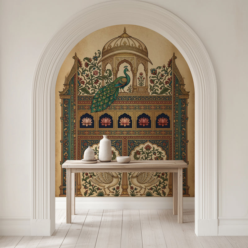 Royal Peacock Palace Wallpaper – Traditional 3D Mughal Jharokha Design with Intricate Indian Folk Art, Emerald Peacock, Ornate Floral Patterns & Antique Gold Detailing | Arihant Arts