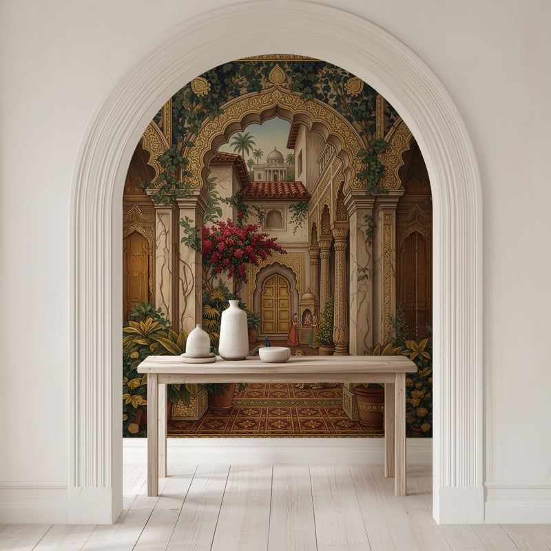Royal Indian Palace Courtyard Wallpaper – Elegant 3D Mughal Architecture with Ornate Golden Arches, Traditional Jharokhas, Lush Greenery & Vintage Heritage Artwork | Arihant Arts