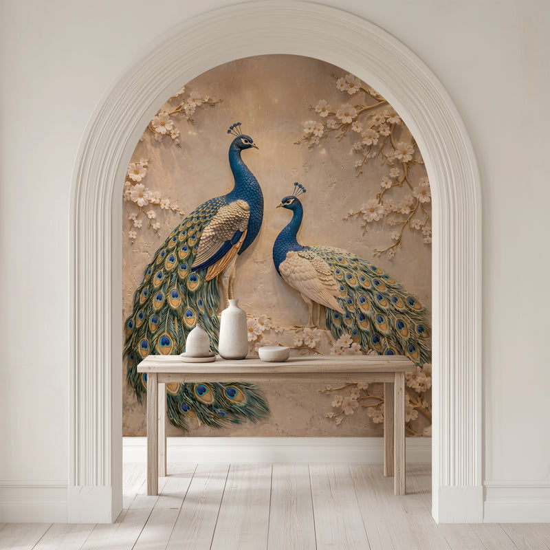 Royal Peacock Pair Wallpaper – Elegant 3D Embossed Bird Design with Intricate Teal & Gold Feathers, Soft Ivory Blossoms and Luxury Beige Textured Background | Arihant Arts
