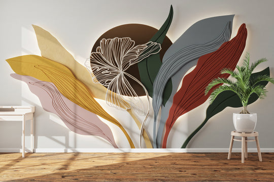 3D Abstract Leaf Wallpaper for Living Room & Bedroom – Modern Multicolour Botanical Floral Design with Sculpted Leaves in Mustard Yellow, Terracotta, Pink, Grey & Green | Arihant Arts