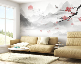Cherry Blossom Sunrise Japanese Cherry Blossom Wallpaper for Bedroom | Sakura Sunrise Mountain Wall Mural – Wallpaper for Living Room, Aesthetic Room Decor