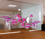 Magenta and Grey Abstract Floral Window Film | Self-Adhesive Frosted Glass Decal | Peel and Stick Vibrant Botanical Privacy Partition Sticker