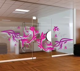 Magenta and Grey Abstract Floral Window Film | Self-Adhesive Frosted Glass Decal | Peel and Stick Vibrant Botanical Privacy Partition Sticker