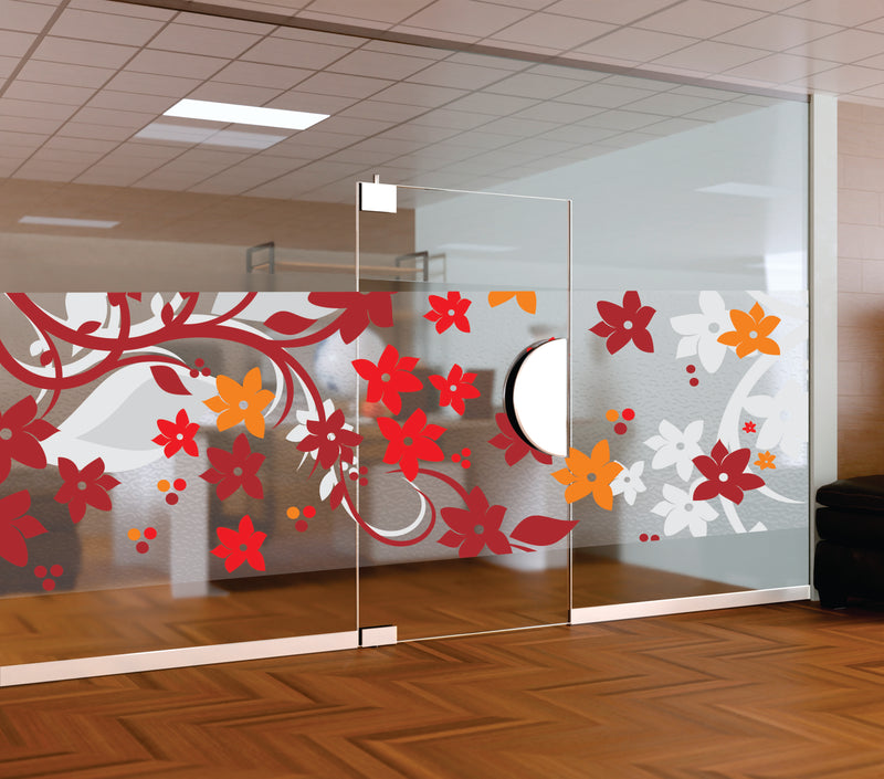 Vibrant Red and Orange Floral Swirl Window Film | Self-Adhesive Botanical Vine Frosted Glass Decal | Peel and Stick Decorative Privacy Partition Sticker