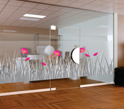 Pink Floral Meadow Grass Window Film | Self-Adhesive Frosted Glass Decal | Peel and Stick Wildflower Privacy Partition Sticker
