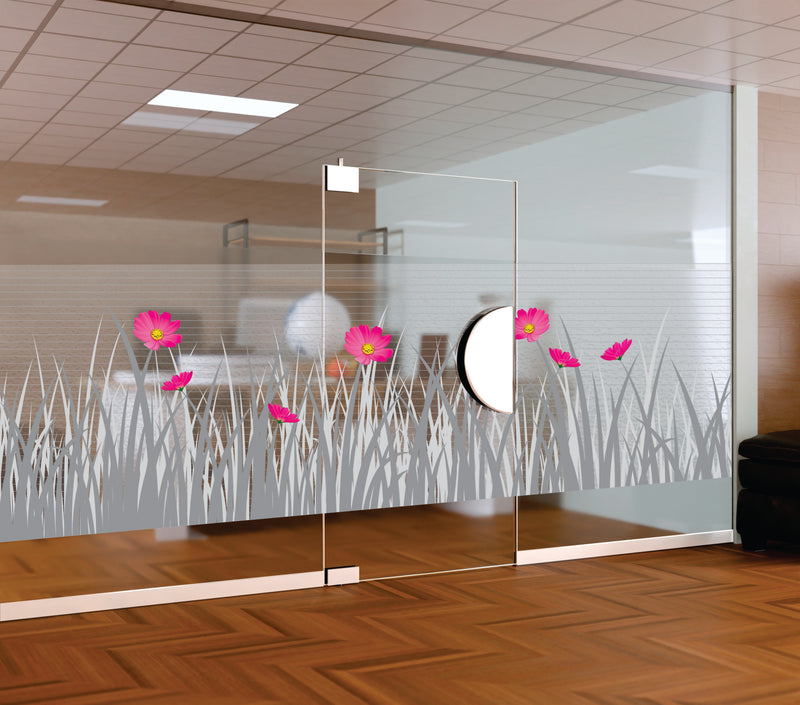 Pink Floral Meadow Grass Window Film | Self-Adhesive Frosted Glass Decal | Peel and Stick Wildflower Privacy Partition Sticker