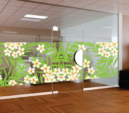 Tropical White Plumeria & Green Leaf Window Film | Self-Adhesive Botanical Glass Decal | Peel and Stick Exotic Floral Privacy Partition Sticker
