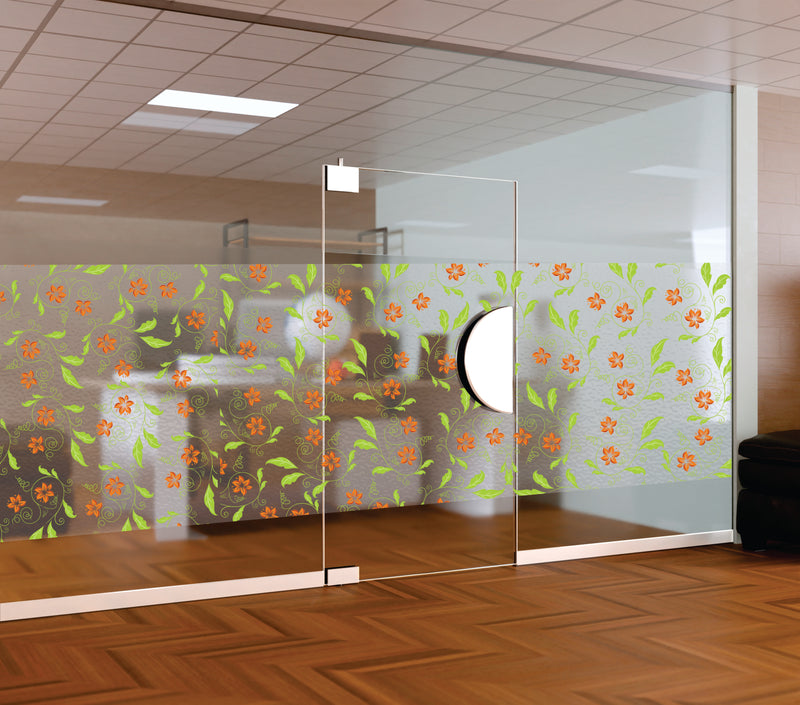 Vibrant Orange Floral & Green Vine Window Film | Self-Adhesive Frosted Glass Decal | Peel and Stick Botanical Privacy Partition Sticker