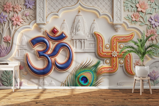 3D Om Swastik Wallpaper for Pooja Room & Mandir – Hindu Religious Wallpaper with Temple Design, Colourful Om Symbol, Floral Patterns & Peacock Feather | Arihant Arts