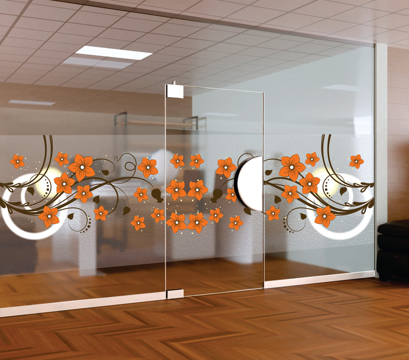 Vibrant Orange Floral Privacy Window Film | Self-Adhesive Frosted Glass Decal with Swirling Vines