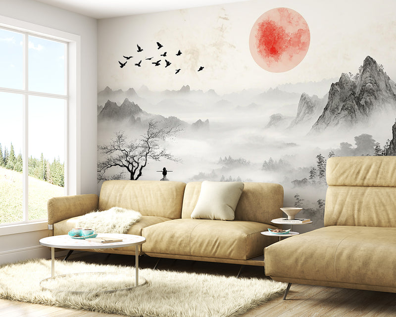 Misty Mountain Watercolor Japanese Watercolor Mountain Wallpaper | Misty Landscape Mural – Large Aesthetic Wallpaper for Bedroom Living Room, Japanese Boho Home Decor