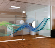 Blue and Green Abstract Wave Window Film | Self-Adhesive Fluid Mesh Ribbon Glass Decal | Peel and Stick Modern Dynamic Privacy Partition Sticker