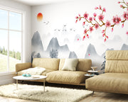 Pink Cherry Blossom Mountain Pink Sakura Cherry Blossom Wallpaper for Bedroom | Japanese Mountain Wall Mural –  Wallpaper, Aesthetic Floral Room Decor