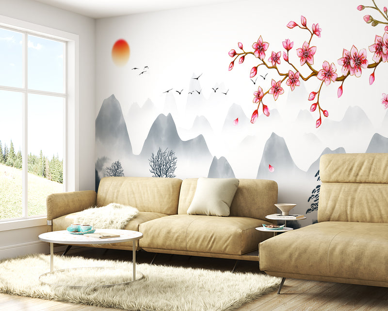 Pink Cherry Blossom Mountain Pink Sakura Cherry Blossom Wallpaper for Bedroom | Japanese Mountain Wall Mural –  Wallpaper, Aesthetic Floral Room Decor